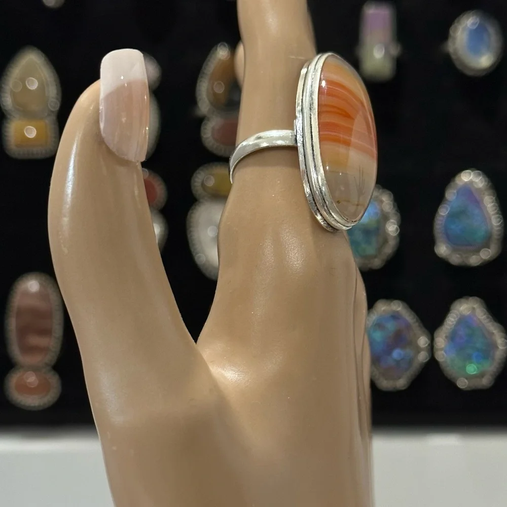 💕 Natural Botswana agate gemstone ring silver overlay stamp 925 handmade size 9